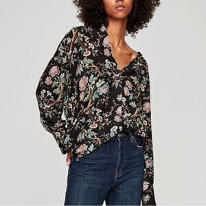 ZARA WOMAN Blouse S FLORAL Popover Oversize Top Tunic Black HiLo Long Sleeve NWT